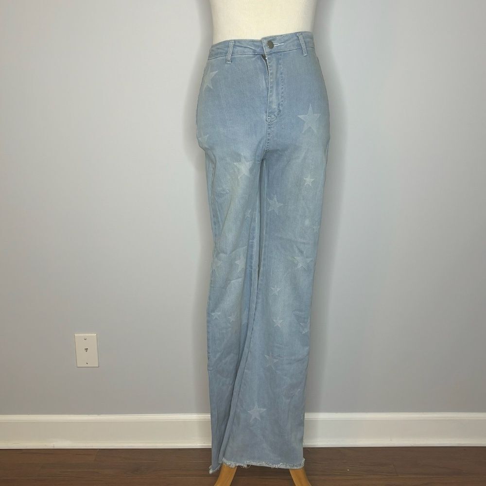 Nasty Gal- Blue Flare Jeans with Stars + Rhinestone Fringe on Back Pockets